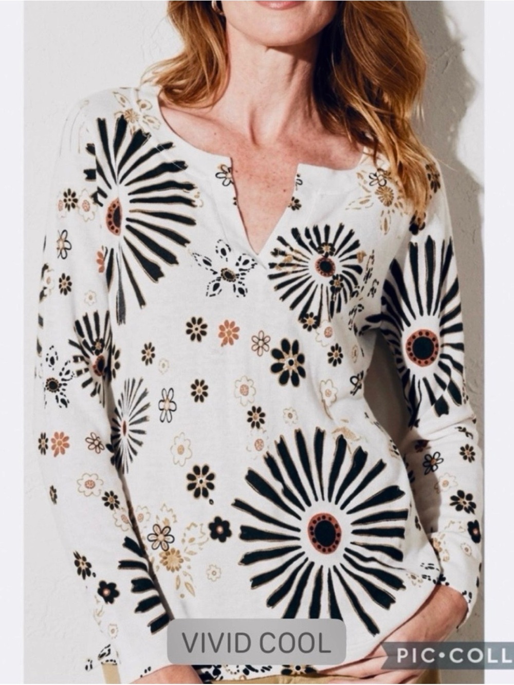 Tribal Jeans Ribbed Knit Floral Sunburst Ivory Black Top S Boho Retro